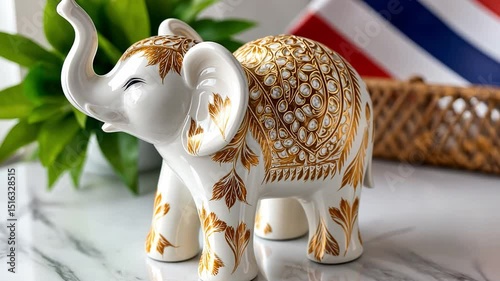 Elegant white ceramic elephant figurine with golden floral patterns, decorative item in a bright setting.