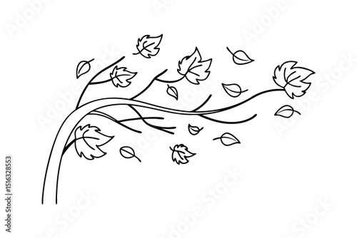 Simple outline illustration of a tree branch with falling leaves in a breeze of wind