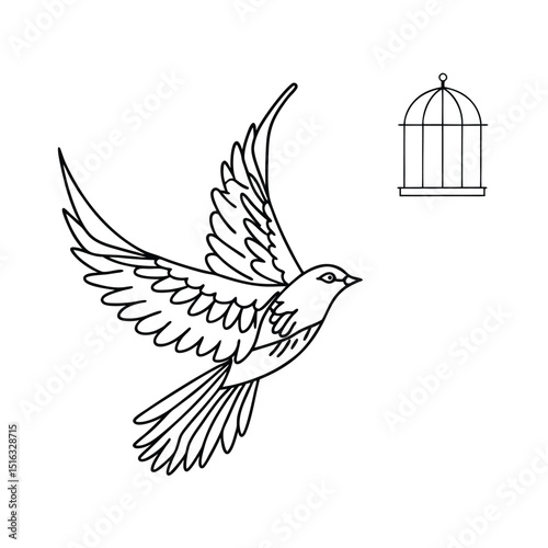 Bird symbolizes freedom escaping from cage outlines monochrome vector illustration