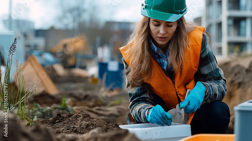 Construction Site Worker Collecting Soil Samples