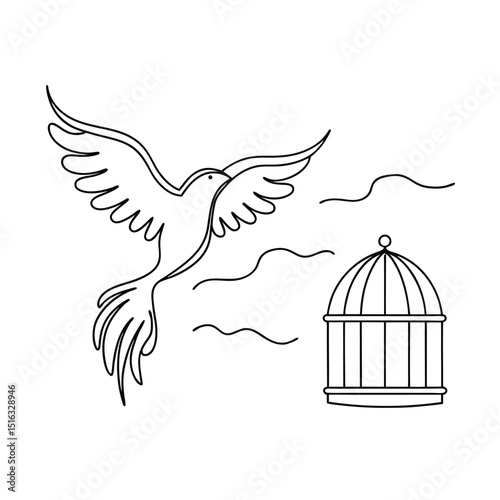 Dove of freedom symbol with open cage illustrating liberation and independence concept