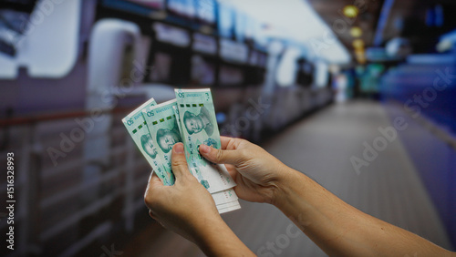 Wallpaper Mural Hands holding chinese yuan banknotes on a train station platform, suggesting travel and business in an outdoor setting with currency exchange. Torontodigital.ca