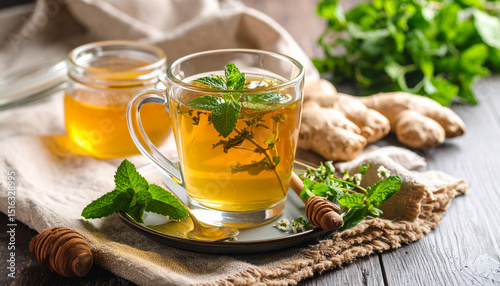 Refreshing hot tea with lemon and mint in a glass cup, a healthy breakfast beverage