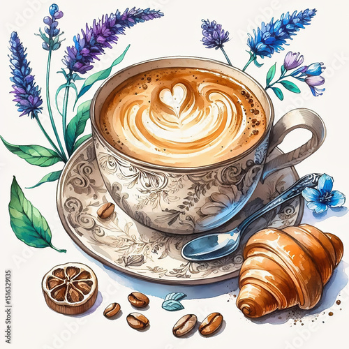 Detailed illustration of a cappuccino cup with heart latte art, coffee beans