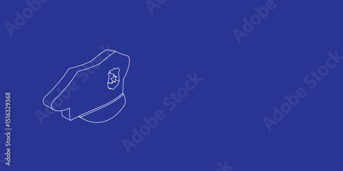 The outline of a large police cap symbol made of white lines on the left. 3D view of the object in perspective. Vector illustration on indigo background