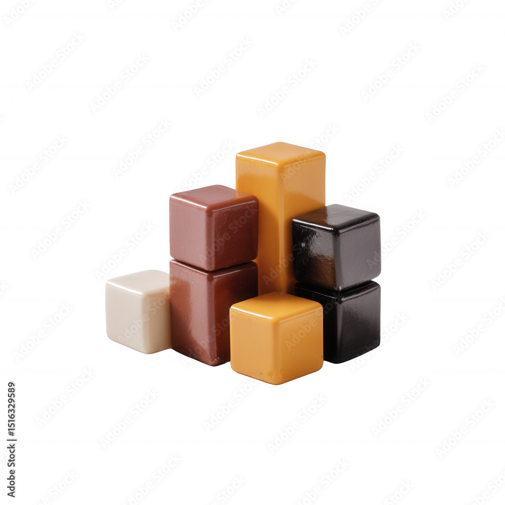 Fototapeta premium A colorful assortment of chocolate blocks arranged artfully against a clean white background, showcasing a variety of flavors and textures for dessert lovers.