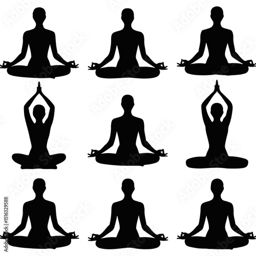 Collection of nine black silhouettes of people in various yoga poses on a white background studio shot