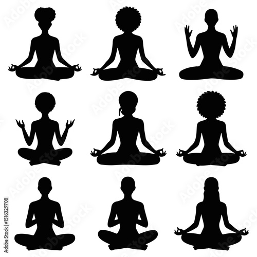 Silhouettes of nine women in lotus position meditating with different hairstyles in black and white tones