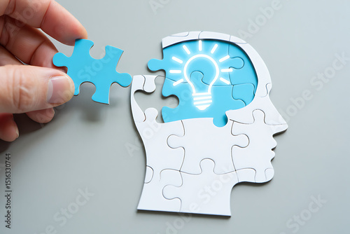 Idea generation conceptualized a hand assembling a brain puzzle with a glowing light bulb symbolizing creativity and insight