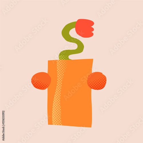 Vector paper cutout flat vase with abstract flowers bouquet in pastel tones, featuring halftone texture and collage style. Minimalist hand drawn illustration for posters, invitations, and web design