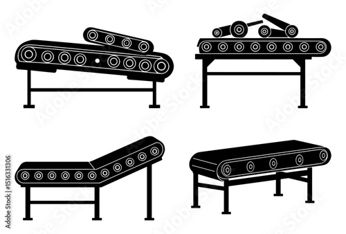 Set of four black and white industrial conveyor belt icons showing different angles and cargo types including logs and cylindrical objects, minimalist vector design

