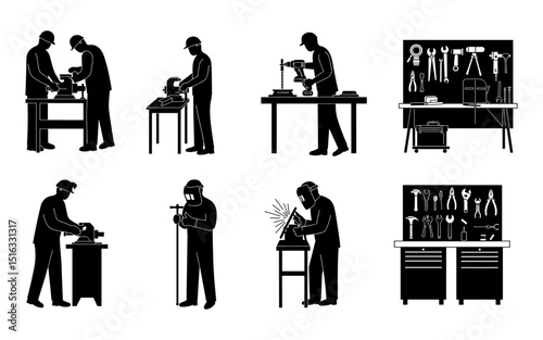Black silhouette collection showing workshop activities and tools, featuring workers using vise, grinder, drill press, welding, and organized workbenches, vector style


