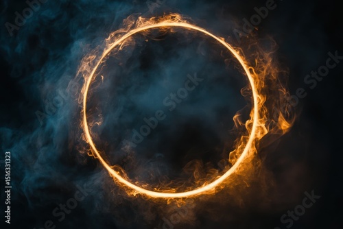 Fire circle with smoke on a dark background creates an enchanting visual effect