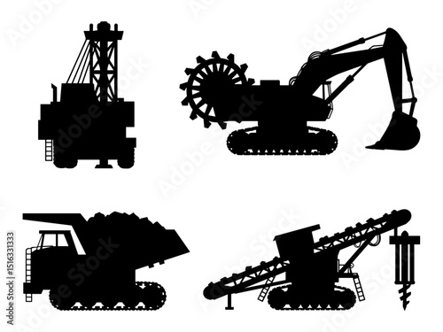 Black silhouette icons of mining and construction industrial equipment, including heavy machinery and tools, on a clean white background, vector style illustration

