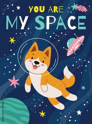Space kids poster.Animal astronauts in among the stars and comets,dog.A postcard, a flyer, an invitation.Vector cartoon flat illustration.
