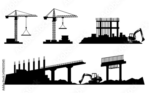 Set of black silhouettes showing construction scenes with tower cranes, buildings, bridge under construction, excavators, and tall billboard structure on white background

