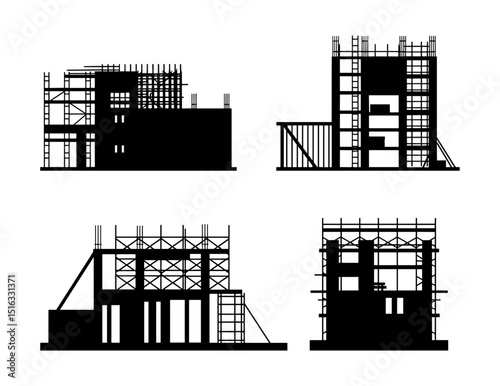 Set of four black silhouettes of buildings under construction featuring scaffolding, structural frameworks, and temporary supports on a clean white background

