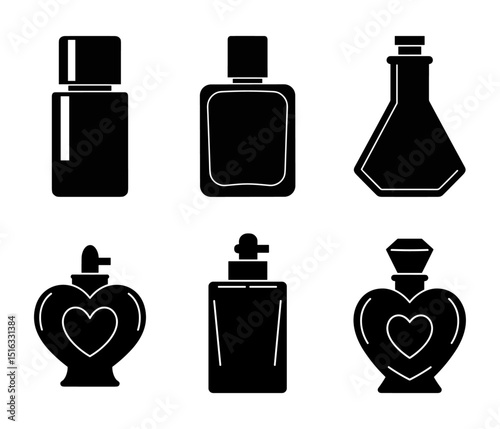 Set of six black perfume bottle silhouettes with unique shapes including rectangular, square, triangular, and heart-shaped designs on a clean white background

