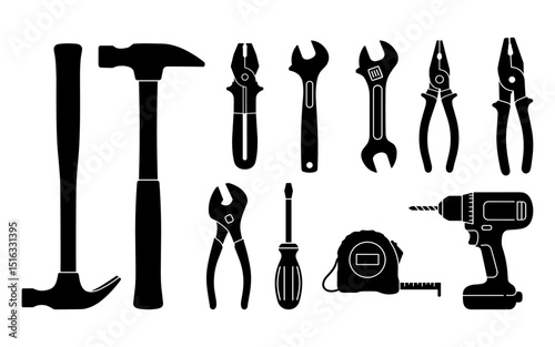 Set of black and white silhouettes of hand tools including hammers, pliers, wrenches, screwdriver, tape measure, and cordless drill arranged in a clean grid layout

