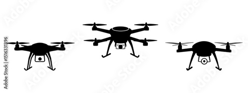 Silhouette illustration of three drone cameras flying in the air, modern quadcopters with propellers in flight, isolated on a white background

