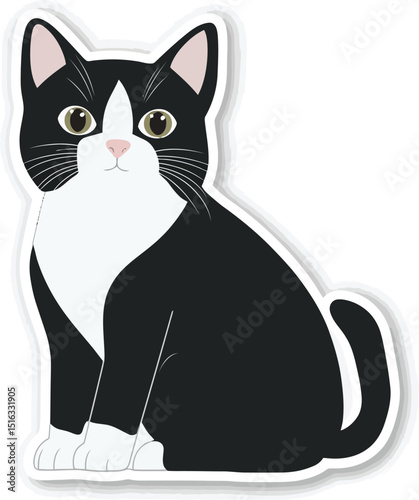 Illustration of a black and white tuxedo cat sitting upright with a pink nose and green eyes