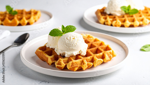 Delicious vanilla ice cream dessert with chocolate on a fresh, baked Belgian waffle