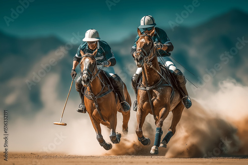 Equestrian polo match in action, riders racing across the field on horseback, generating a cloud of dust in outdoor competition.