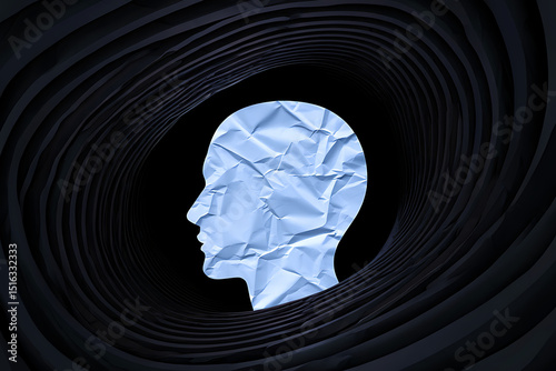 Abstract depiction of human mind represented by a crumpled paper head inside a dark tunnel symbolizing thoughts and concepts.