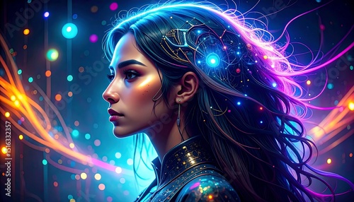 Woman with Neon Lights, and Fantasy Portrait.