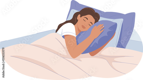 Peaceful Woman Sleeping in Cozy Bed Hugging Pillow - Relaxation, Comfort, Restful Sleep, Nighttime Illustration for Health, Wellness, Sleep Habits, Relaxation Therapy Concepts