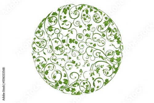 Intricate green floral design with swirling vines on a white background