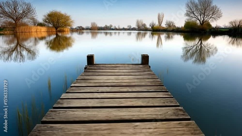 Wallpaper Mural Serene Wooden Pier Extending into Calm Lake Surrounded by Lush Trees and Reflections Under Clear Blue Sky Torontodigital.ca