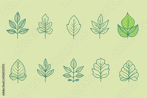 Various leaf illustrations showcasing diverse shapes and styles on a soft green background