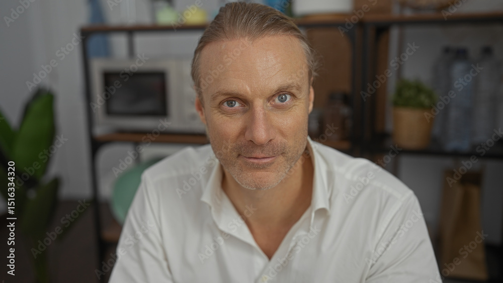 Obraz premium Middle-aged caucasian man with blonde hair in an office setting, wearing a white shirt, exhibiting a confident expression, and surrounded by indoor plants and office items.
