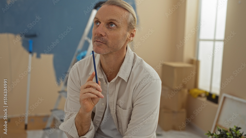 Obraz premium Middle-aged man contemplating in a newly painted living room with a ladder and boxes, suggesting home renovation or moving.