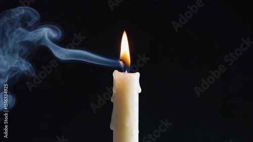 Candle burning with flickering flame and smoke on dark background  