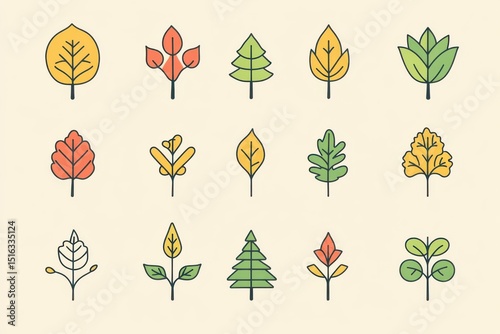 Various types of hand-drawn leaves and trees illustrated on a light background