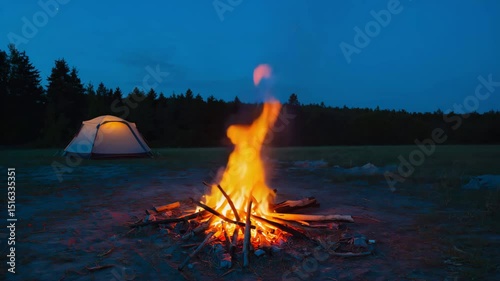 Campfire flames glowing at night near a tent in the forest  