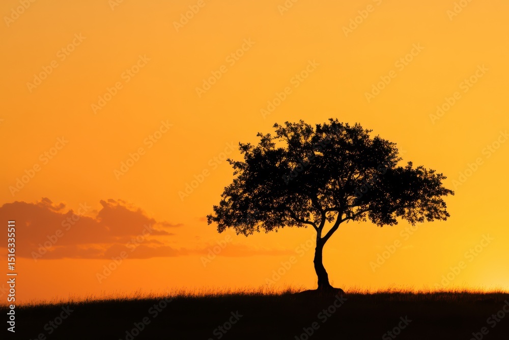 Obraz premium Silhouette of a tree against a vibrant sunset sky in a peaceful landscape