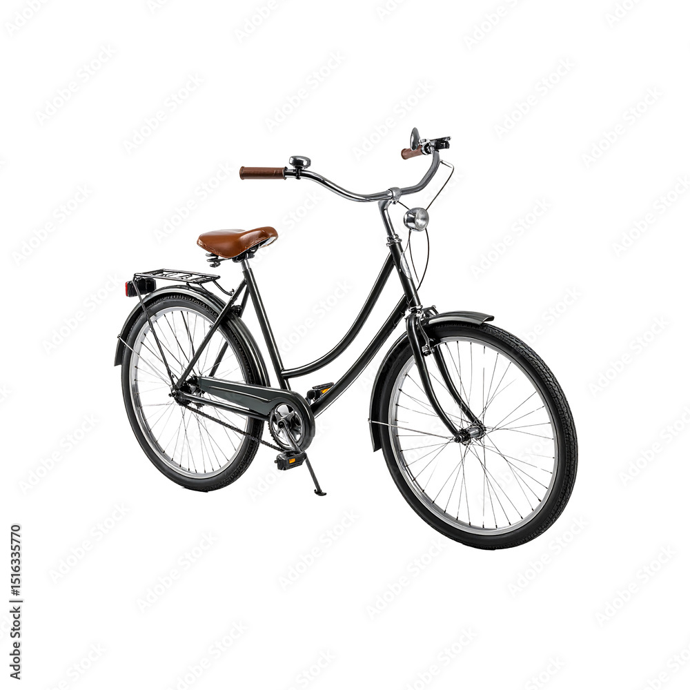 Fototapeta premium Elegant black vintage bicycle with brown saddle on transparent background two