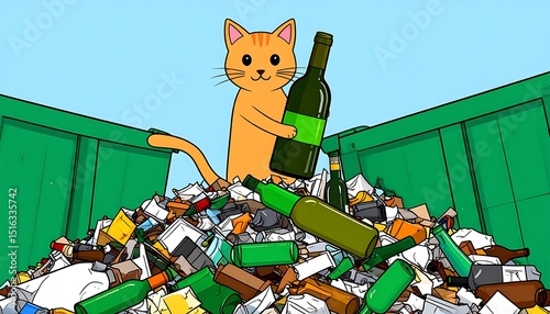 Cat Recycling Wine Bottles.