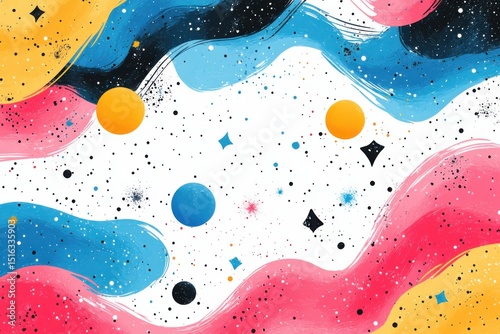 Vibrant abstract depiction of a cosmic landscape with colorful swirls and celestial bodies