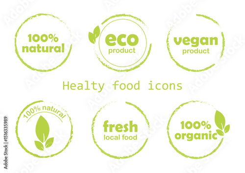Eco, bio, organic and natural products sticker, label, badge and logo. 
Ecology icon. Logo template with green leaves for organic and eco 
friendly products. Vector illustration