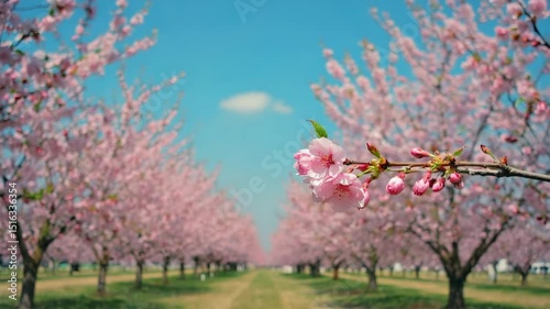Cherry blossom trees blooming along a pathway in springtime  