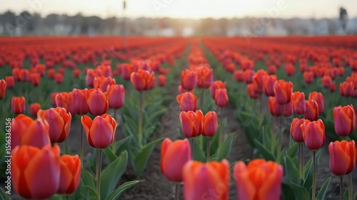Field of blooming red tulips under the sunset sky  