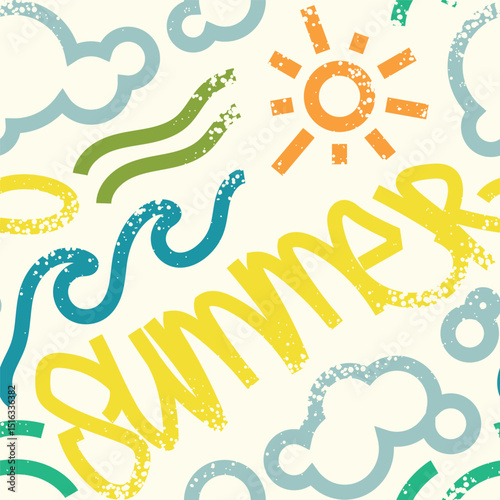 Seamless pattern with hand drawn sun, cloud and lettering.