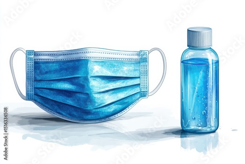 Face mask and hand sanitizer bottle arranged on a clean surface during a health-conscious moment