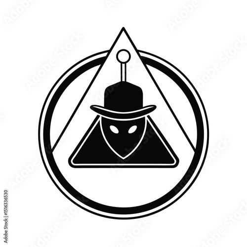 Mysterious alien silhouette in a triangle wearing a hat within a circle a modern geometric emblem