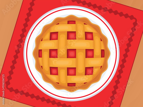 Lattice pie on a plate top view vector illustration. Round sweet pie on a wooden table above view vector. Whole latticed fruit-filled pie on the table drawing