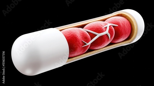 Medical 3D illustration of a capsule containing red blood cells and blood vessels, representing drug delivery or nanomedicine technology.

